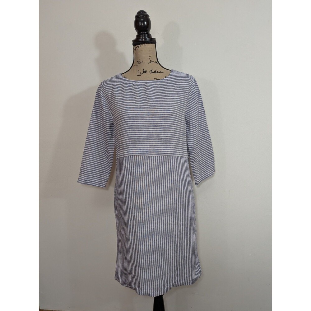 Isaac Mizrahi 100% Linen Stripe Dress Women XS Blue White Button Back Coastal